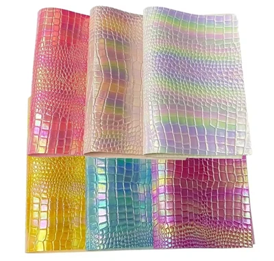 Pell de cocodril en relleu brillant de l'arc de Sant Martí brillant PVC hologràfic sintètic
